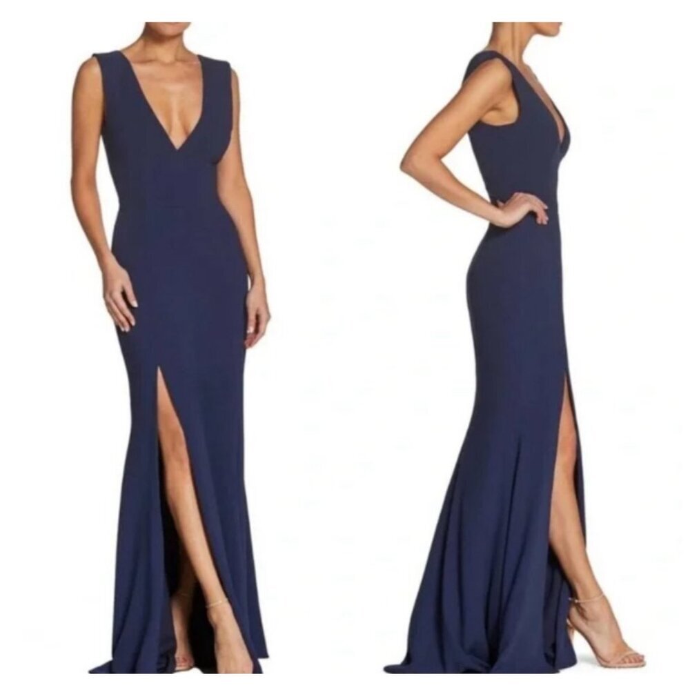 Dress the Population Sandra Crepe Trumpet Gown Bridesmaid in Navy Womens SZ Sm
